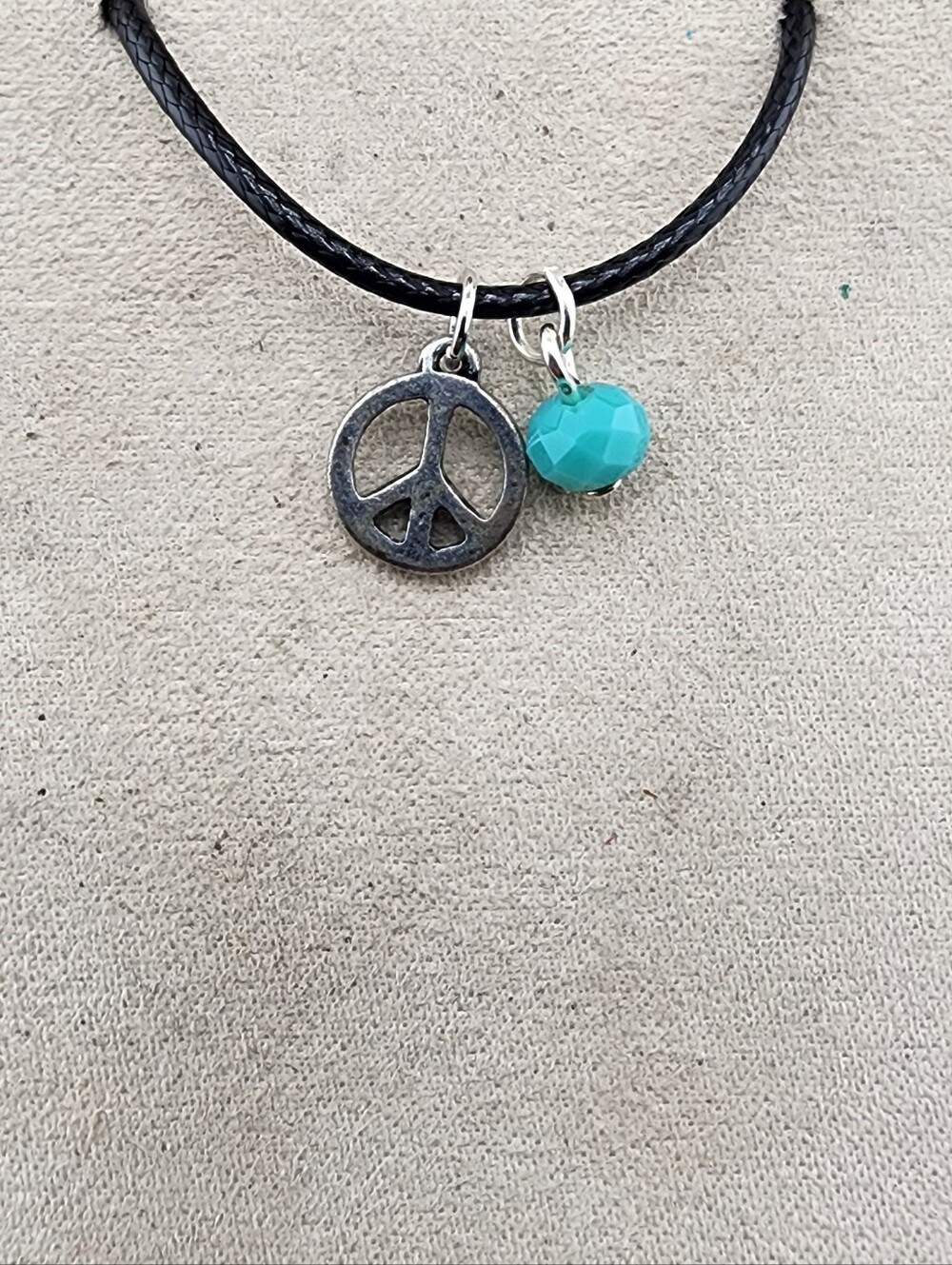 Peace Sign Pendant Necklace with Turquoise Bead - Black Cord